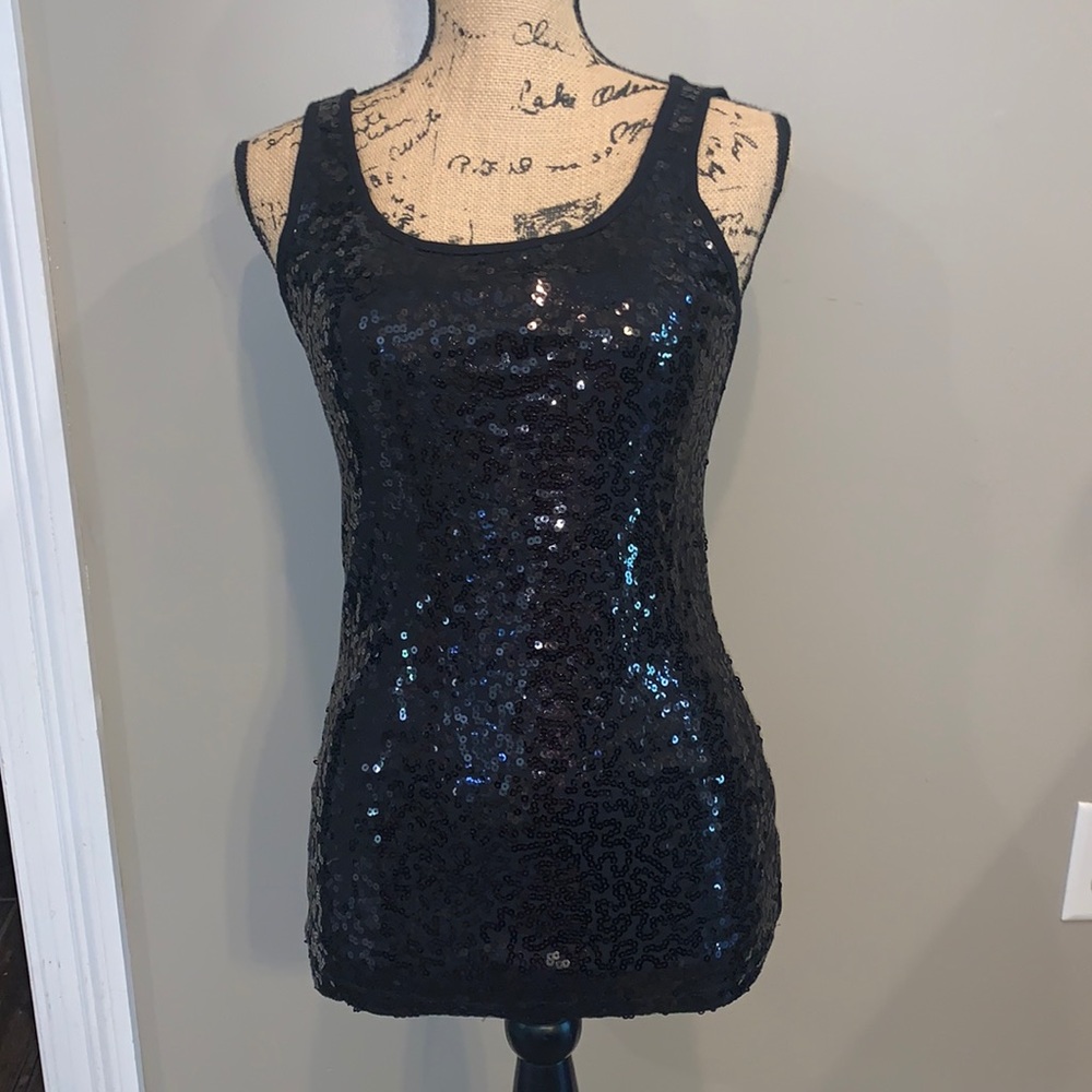 black sequence tank top with soft stretchy material on the back size medium